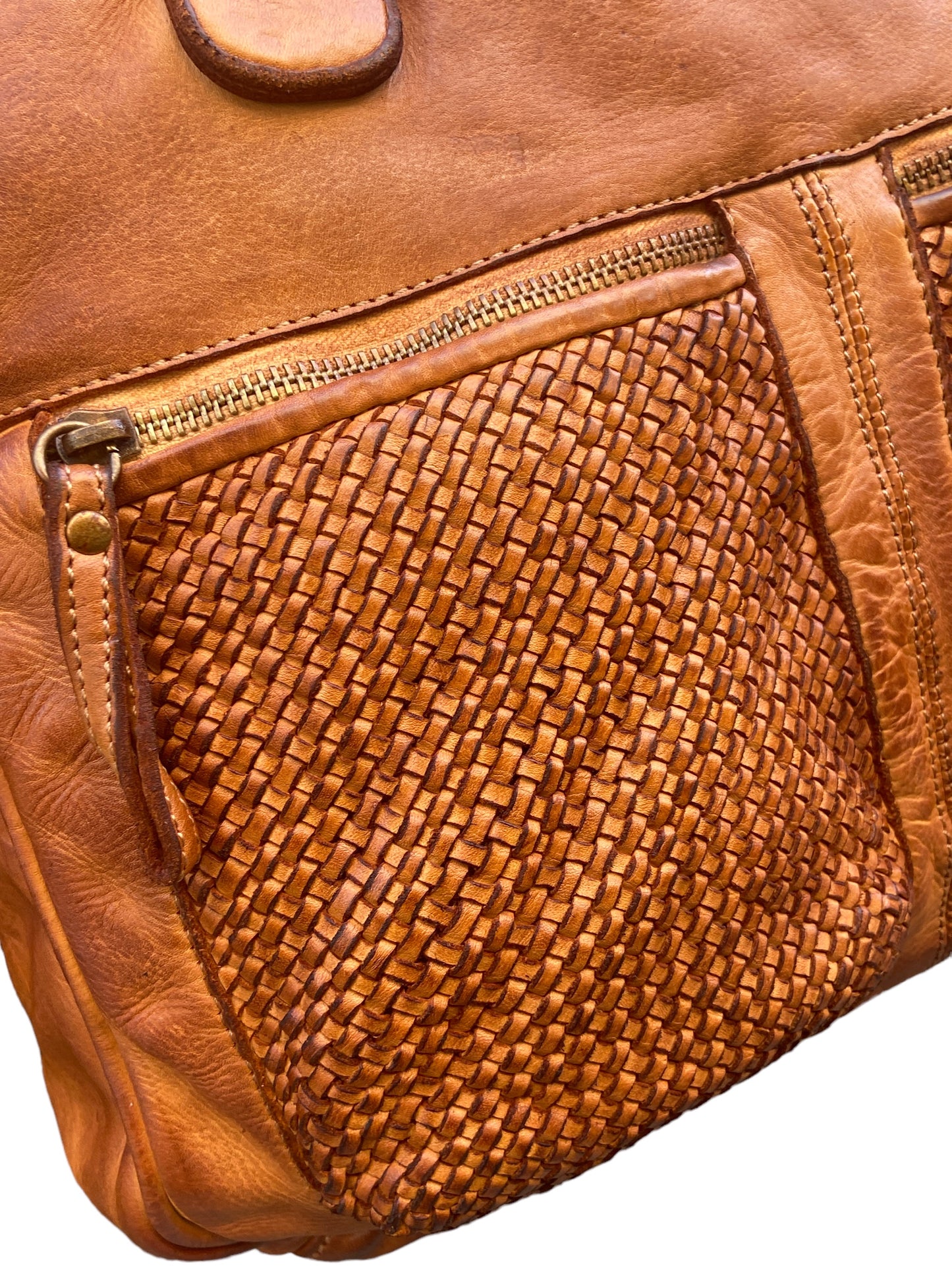BAYSIDE Borsa a due manici in cuoio vintage con intreccio