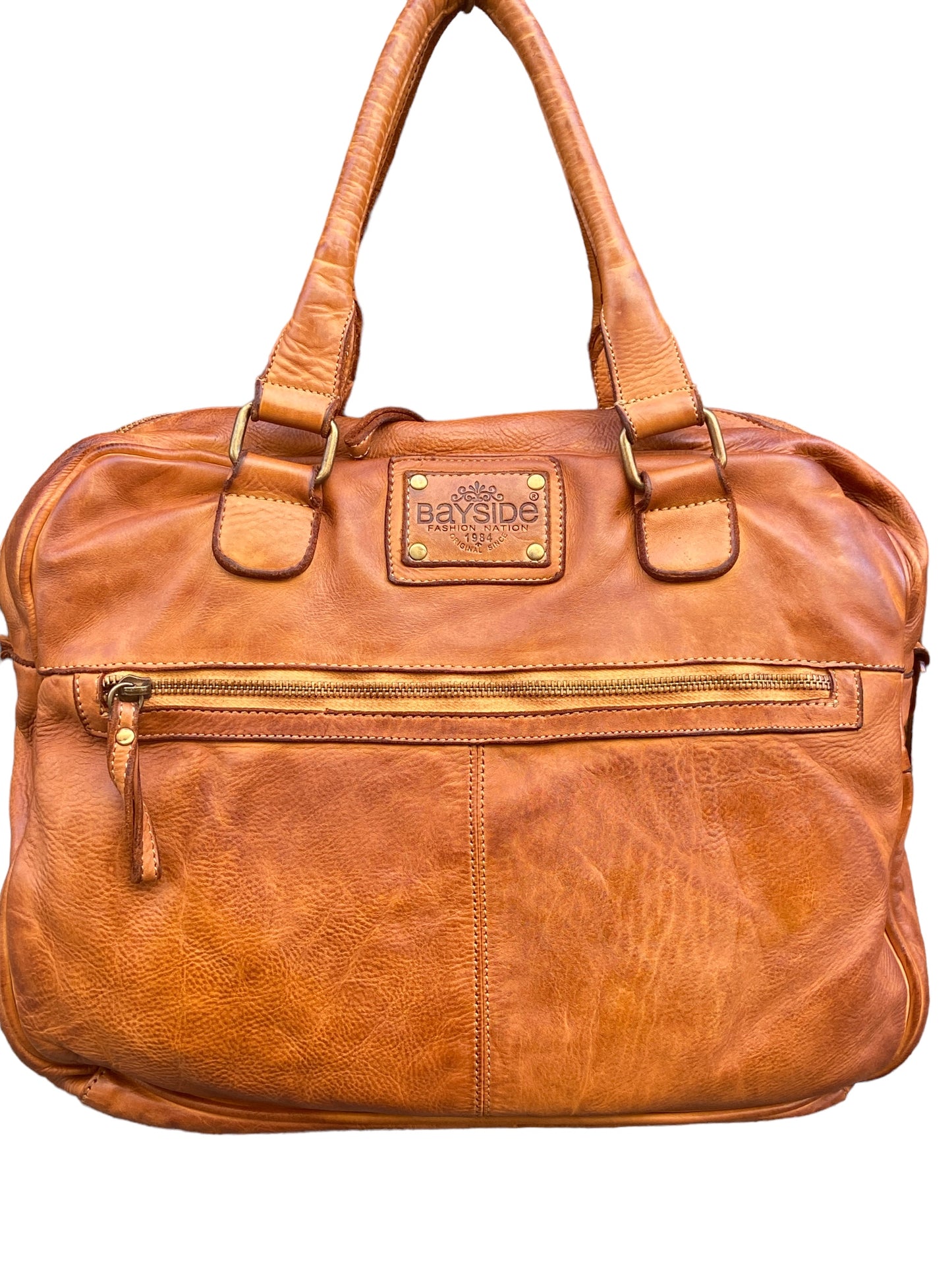 BAYSIDE Borsa a due manici in cuoio vintage con intreccio