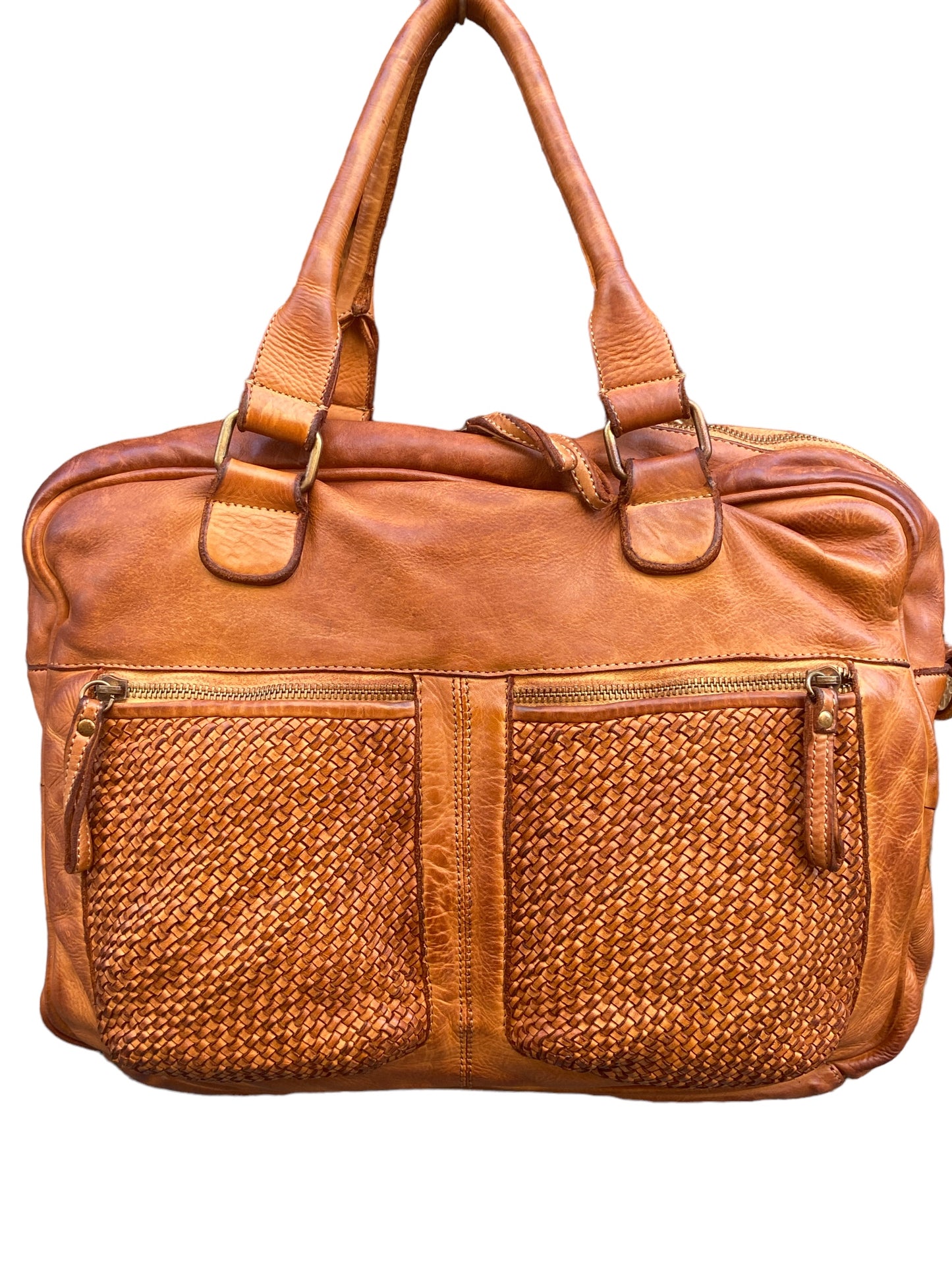 BAYSIDE Borsa a due manici in cuoio vintage con intreccio