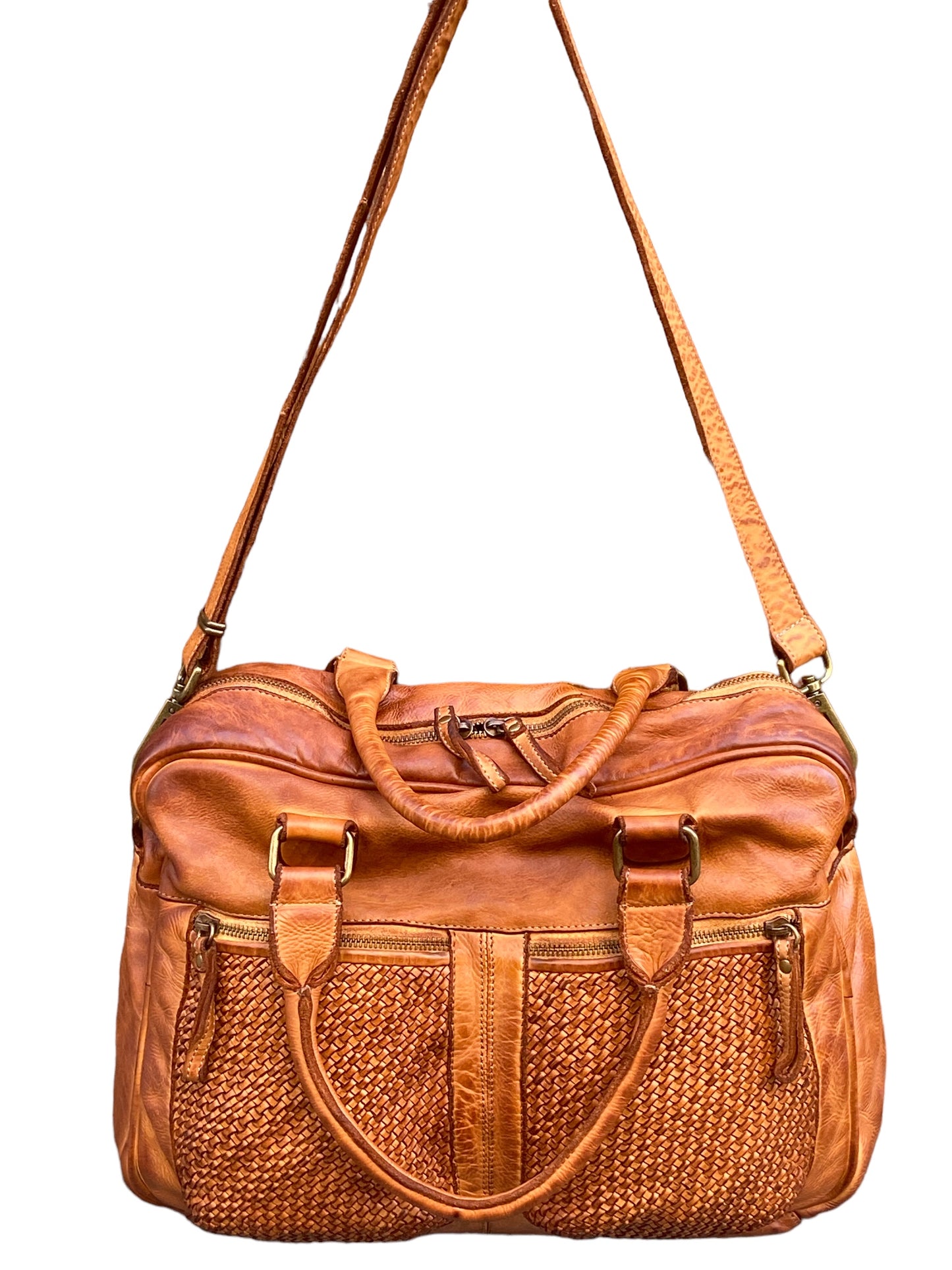 BAYSIDE Borsa a due manici in cuoio vintage con intreccio